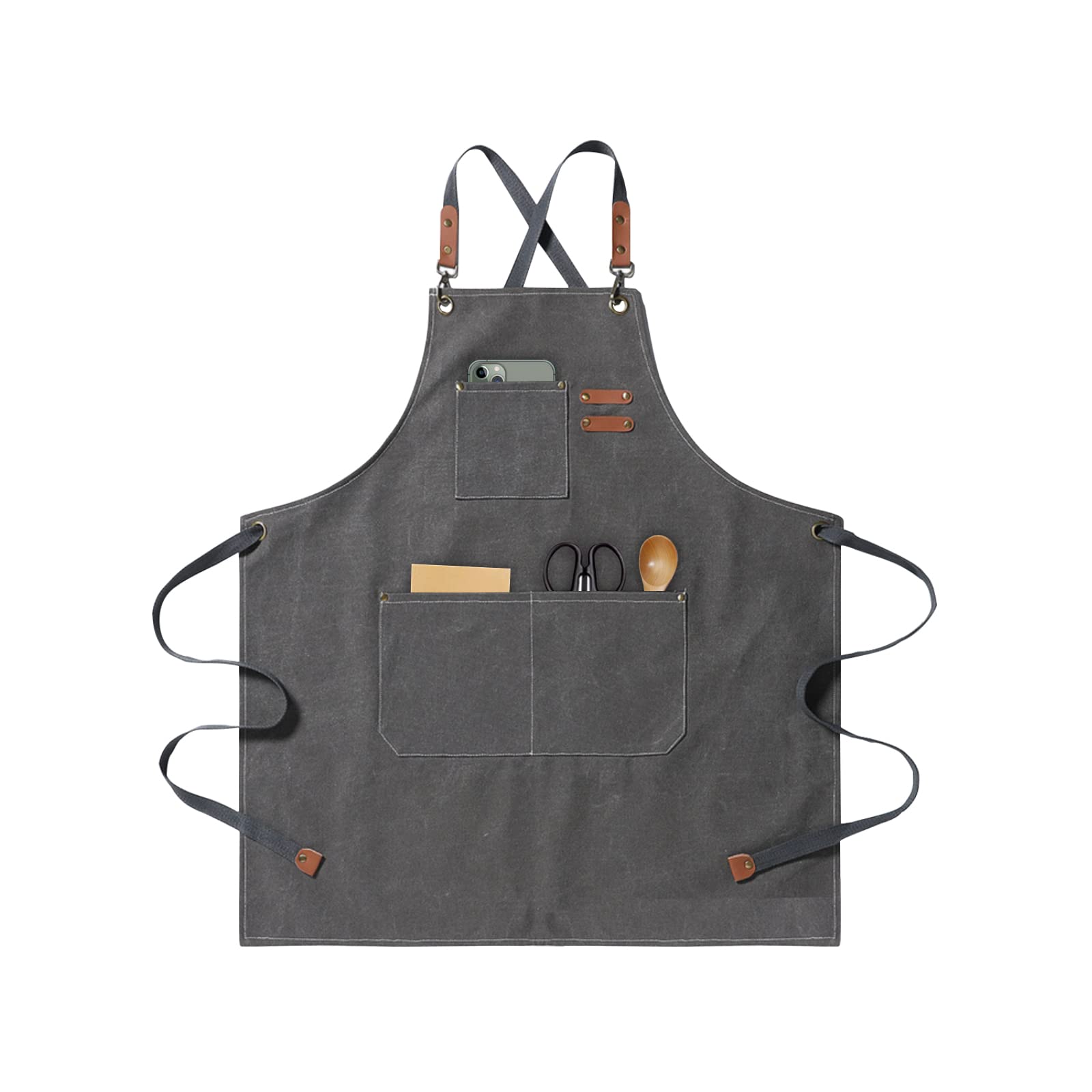 jiuzcare Mens Apron Cross Back Work Apron with Pockets BBQ Apron for Men Heavy Duty Chef Cooking Apron (Adjustable Comfortable Barista Barber) Gray