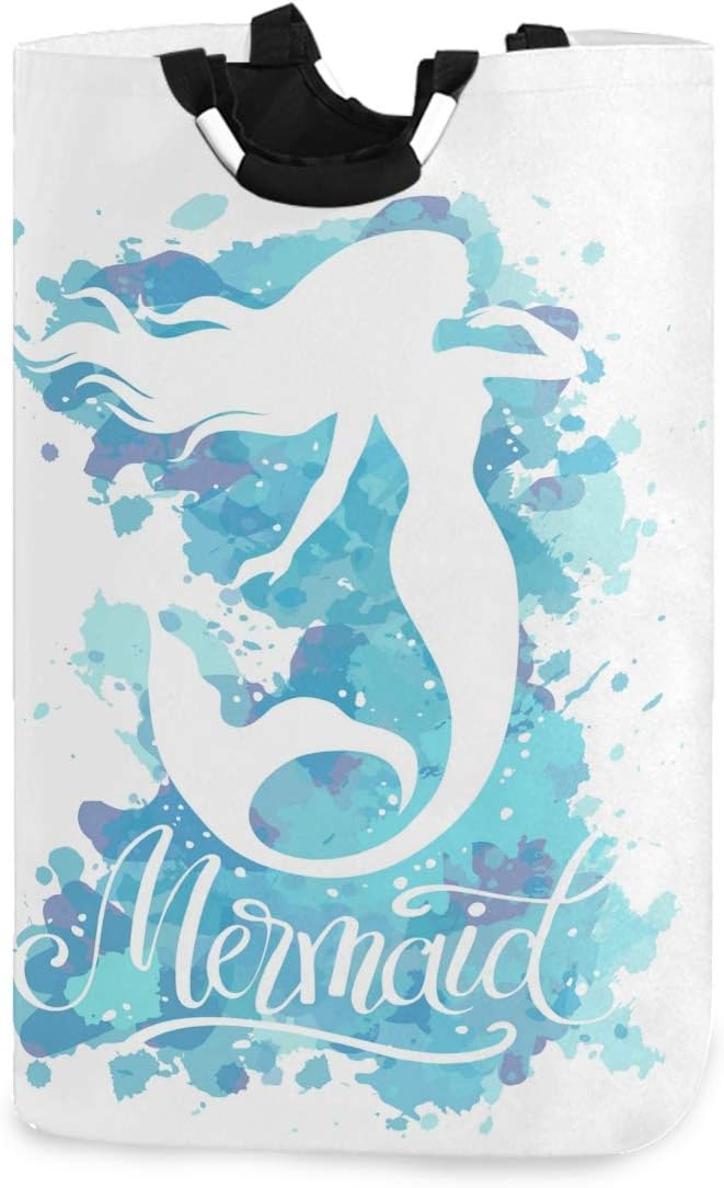 Kaariok Watercolor Mermaid Fantasy Fish Blue Laundry Hamper with Handles Waterproof Collapsible Storage Basket Large Dirty Clothes Bin for Laundry Room, 22.7 Inches