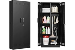 Letaya Broom Closet Storage Cabinet,Metal Cleaning Supply Tool Cabinet,Utility Cabinets for Brooms & Mops Black Garage Organi