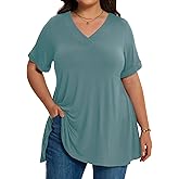 LARACE Women Plus Size Summer Tops Cuffed Short Sleeve Women's V Neck Tunics T-Shirts Blouses Clothes to Wear with Leggings