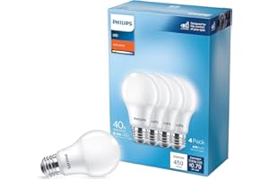 PHILIPS LED 40W A19 4-Pack Basic Soft White (2700K) 450 Lumen (6.5W = 40W) Frosted Flicker-Free Light Bulbs
