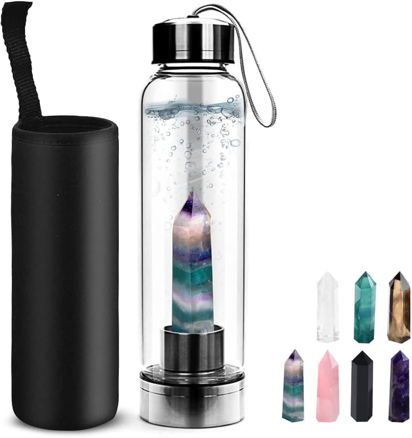 HINATAA Crystal Water Bottle, Removable Natural Crystal Gemstone Glass, Portable Proof Leak, BPA Free Durable Gemstone Bottle 550ml (Colorful Fluorite)