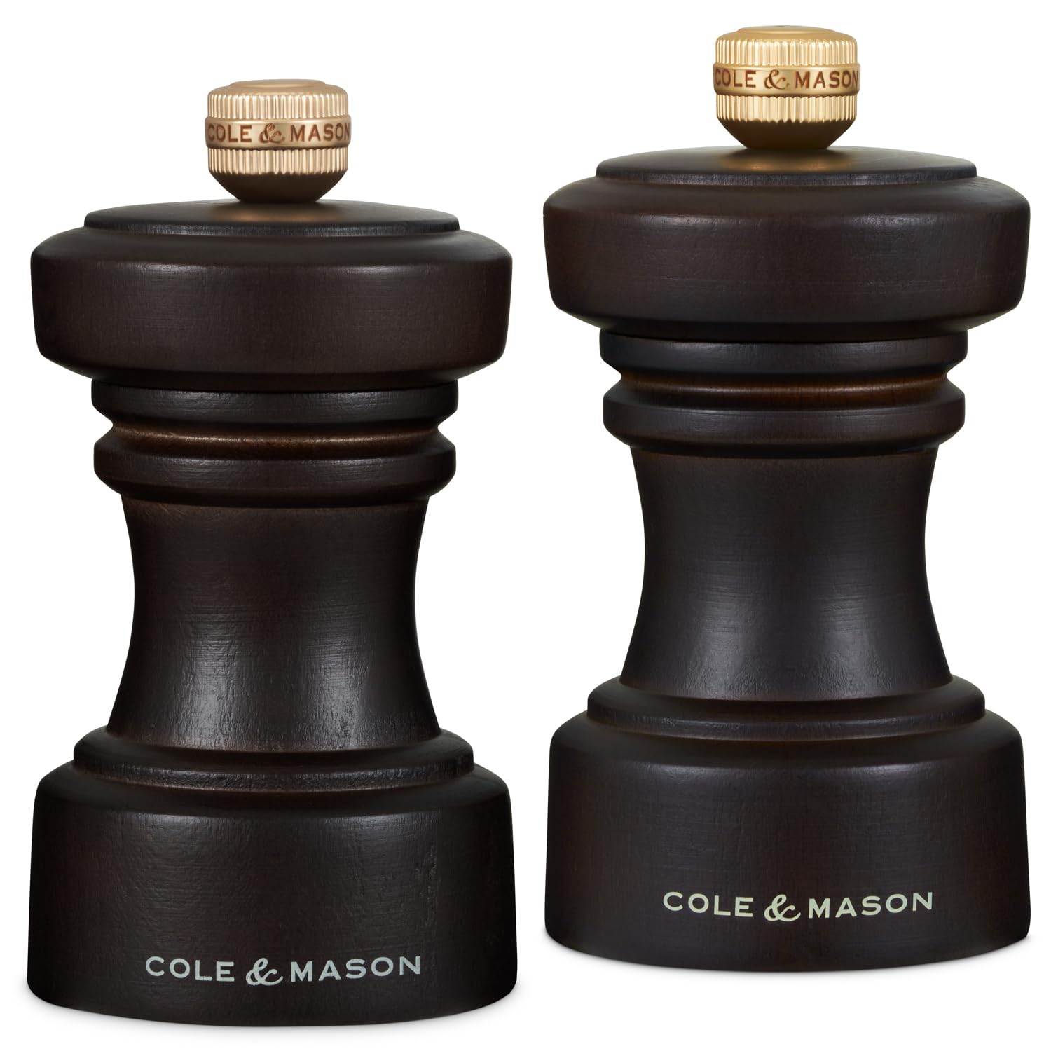 Cole & Mason Hoxton Chocolate Wood Salt and Pepper Mill Set, Adjustable Grind Precision+ Carbon/Ceramic Mechanisms, Salt and Pepper Grinder Set Made from Beech Wood, 10cm, Gift Set