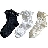 3 Pairs Crew Socks for Women Lace Ruffle Frilly Cotton Cute Lolita Ankle Dress Socks for Lady
