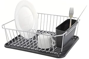 Asixxsix Dish Drying Rack, Stainless Steel Dish Drainer with Utensil Holder and Drainboard, Sink Organization and Storage Ess