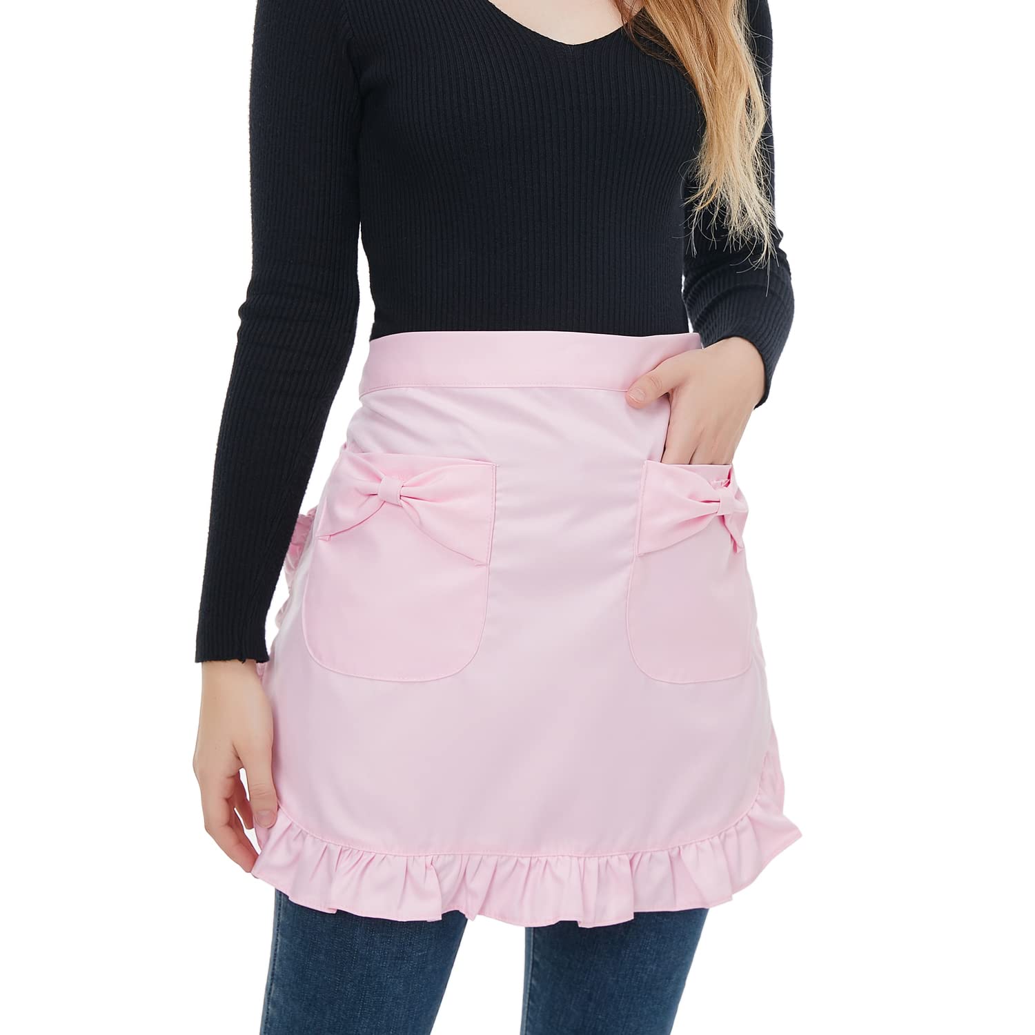 Love Potato Waist Apron with Pockets, Fashion Kitchen Cooking Restaurant Bistro Half Aprons for Girl Woman (Pink)