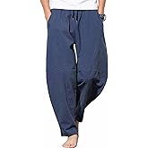 GUDEUBAI Men's Casual Cotton Linen Pants Elastic Waist Drawstring Beach Summer Lightweight Trousers
