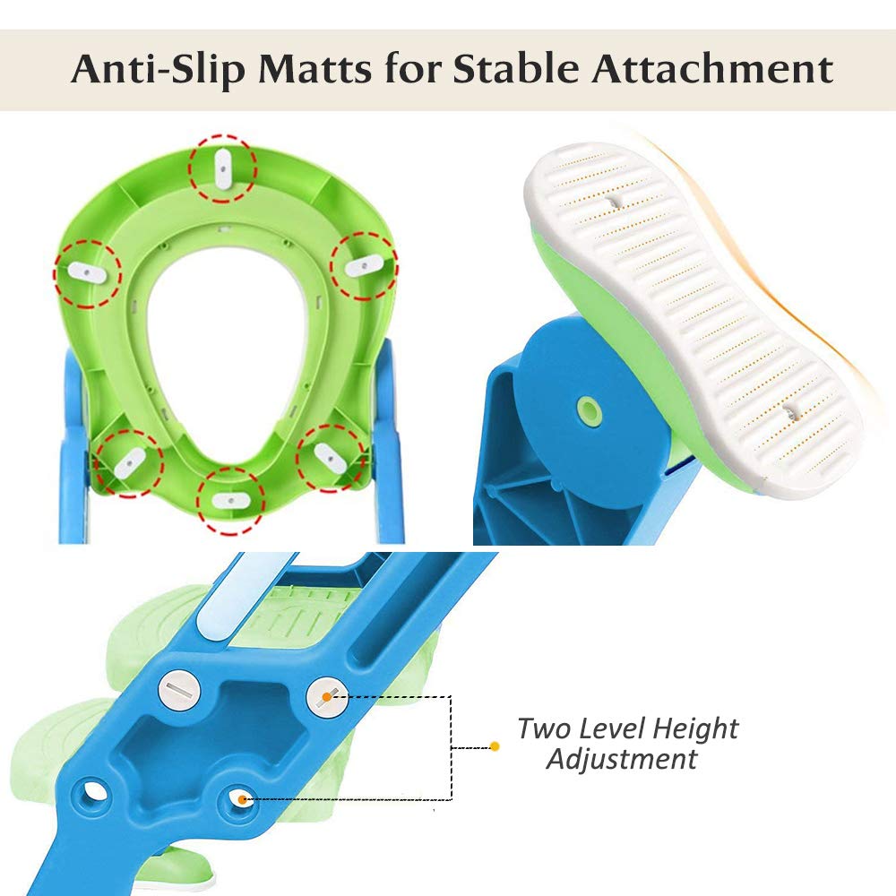 Potty Training Toilet Seat with Step Stool Ladder for Kid and Baby, Adjustable Toddler Toilet Training Seat with Soft Anti-Cold Padded Seat, Safe Handles and Non-Slip Wide Steps, Blue Green for Kids : Baby