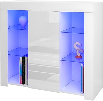 Panana Sideboard Cupboard Unit with 4 Glass Shelves RGB LED White