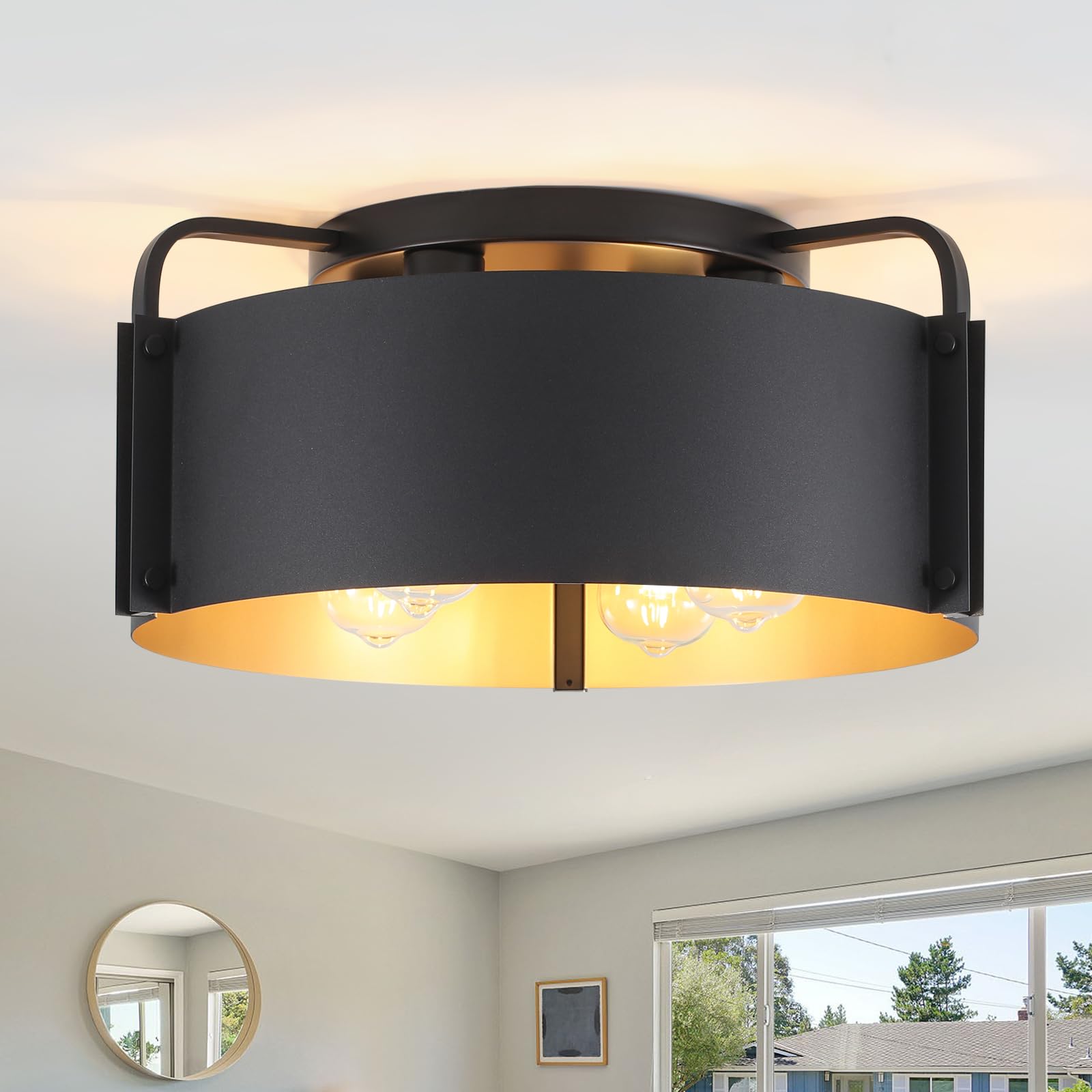 Photo 1 of AFLCBYH Flush Mount Ceiling Light, 4-Light Industrial Ceiling Light Fixture Matte Black with Gold Inside Kitchen Ceiling Lights for Living Room Kitchen Island Dining,E26 Base(Not Included Bulb)