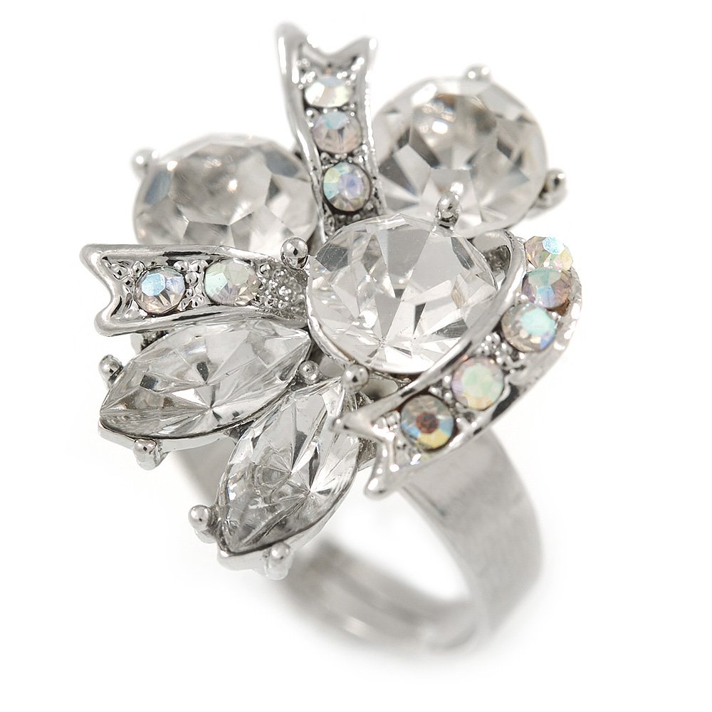 Avalaya Clear Ab Crystal Cluster Fashion Ring/Rhodium Plated/Adjustable/Size 8