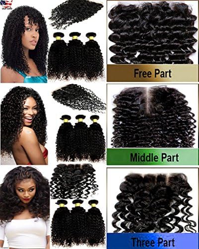 virgin Remy JERRY CURL 3 Bundle Pack Natural Black Color #1B -16"18"20" GREAT DEAL with 12" THREE PART LACECLOSURE Weave Extensions Combination Set 100% Human Hair GUARANTEED