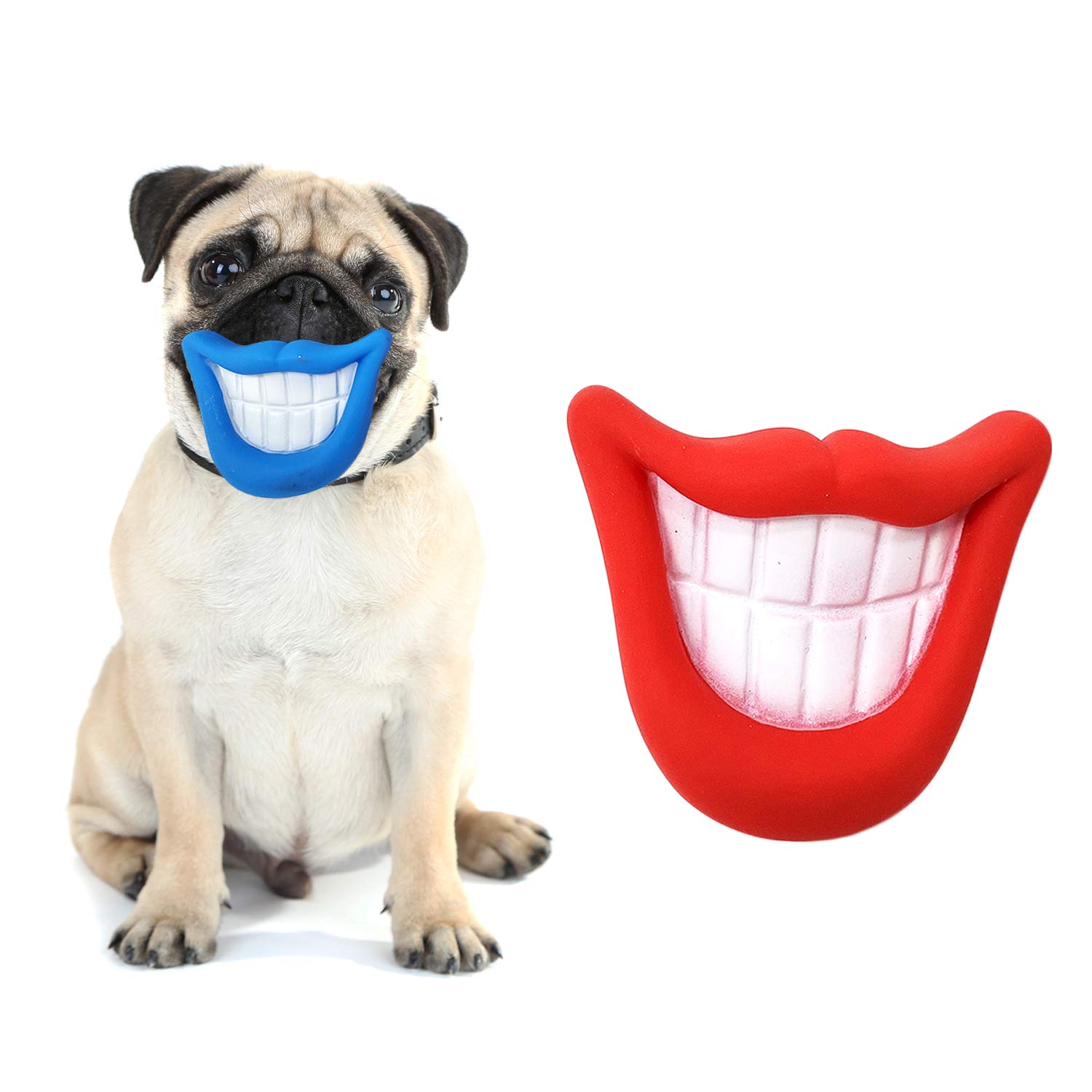 Photo 1 of Zelica Smiling Mouth Squeaky Chew Dog Toy | Funny Novelty Chew Toys for Dogs | Red and Blue (2 Pack)