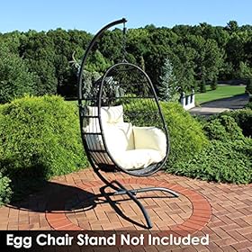 Sunnydaze Penelope Black Steel and Polyethylene Wicker Hanging Egg Chair with Cream Polyester Seat Cushions - Bohemian… 6165q0GhHQL