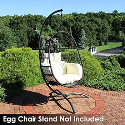 Sunnydaze Penelope Black Steel and Polyethylene Wicker Hanging Egg Chair with Cream Polyester Seat Cushions - Bohemian… 6165q0GhHQL