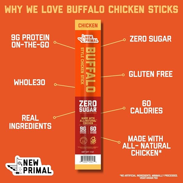 NEW PRIMAL BUFFALO CHICKEN STICKS, KETO, GLUTEN FREE HEALTHY SNACKS, SUGAR FREE LOW CARB HIGH PROTEIN, JERKY MEAT STICK, 9G PROTEIN, 20 CT