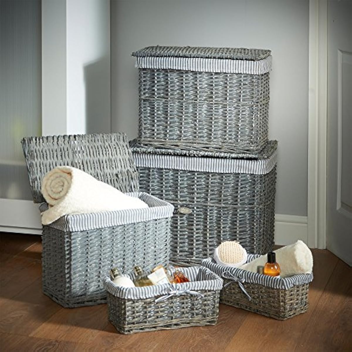 Ultimate 5pc Grey Wicker Storage Basket Trunk Mrs Hinch Home Set Small