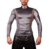 ChiaoLezhee Mens Compression Muscle Shirt, Mesh Silk Slim Fit Tops, Mock Neck Rave Festival Outfits, Sexy Underwear for Men