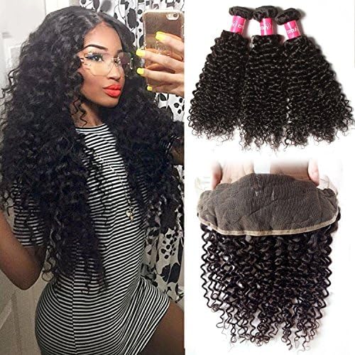 Longqi Hair Brazilian Curly Virgin Hair Weaves 3 Bundles with 1pc 13x4 Ear to Ear Full Lace Frontal Closure, unprocessed human hair extensions (18 20 22+14, Free Part Frontal)