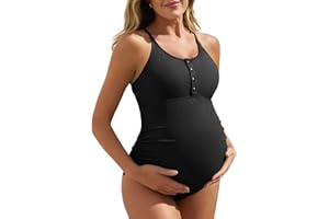 Summer Mae Maternity Swimsuit One Piece Bathing Suit Button Neck Cross Back