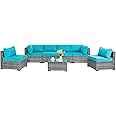 Shintenchi 7 Pieces Outdoor Patio Sectional Sofa Couch, Silver Gray PE Wicker Furniture Conversation Sets with Washable Cushions & Glass Coffee Table for Garden, Poolside, Backyard (Sky Blue)