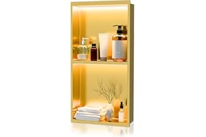 VERCRAFT 24 x 12 Inch LED Light Shower Niche Stainless Steel Niche No Tile Needed with Light Double Layer Recessed Wall Niche Insert Shower Niche Shower for Bathroom Storage(Gold)