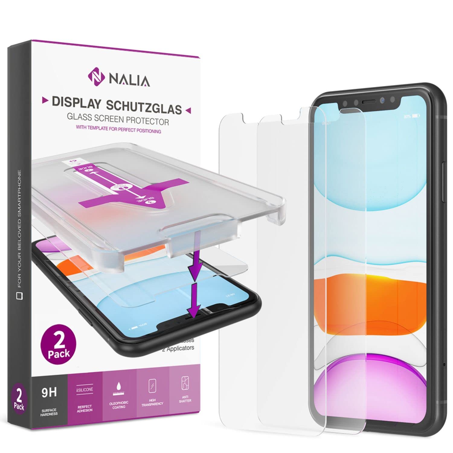 NALIA (2x) Screen Protector & Applicator compatible with iPhone 11 Pro Max/Xs Max, 9H Protective Display Film with Template for Easy Installation, Case-Friendly Phone LCD Protection - Crystal Clear