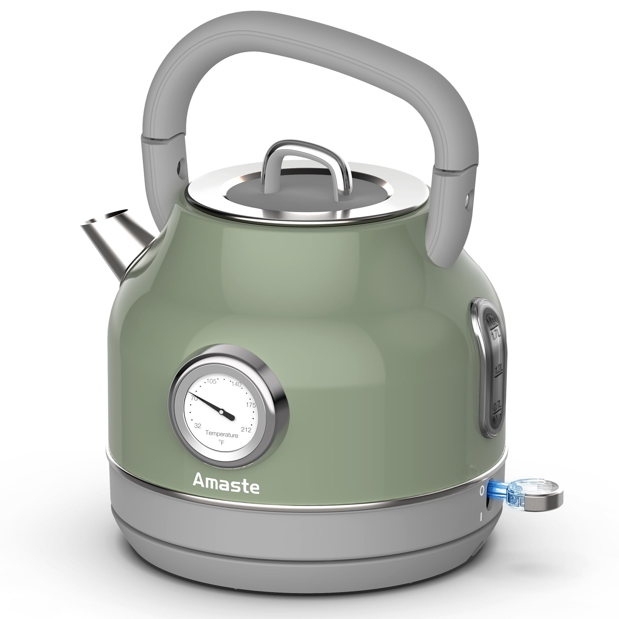 Amaste Hervidor eléctrico, hervidor de té eléctrico retro con termómetro, hervidor de agua caliente de 57 onzas para café y té, acero inoxidable 304, ebullición rápida de 1500 W, apagado automático y protección de ebullición en seco, verde Matcha