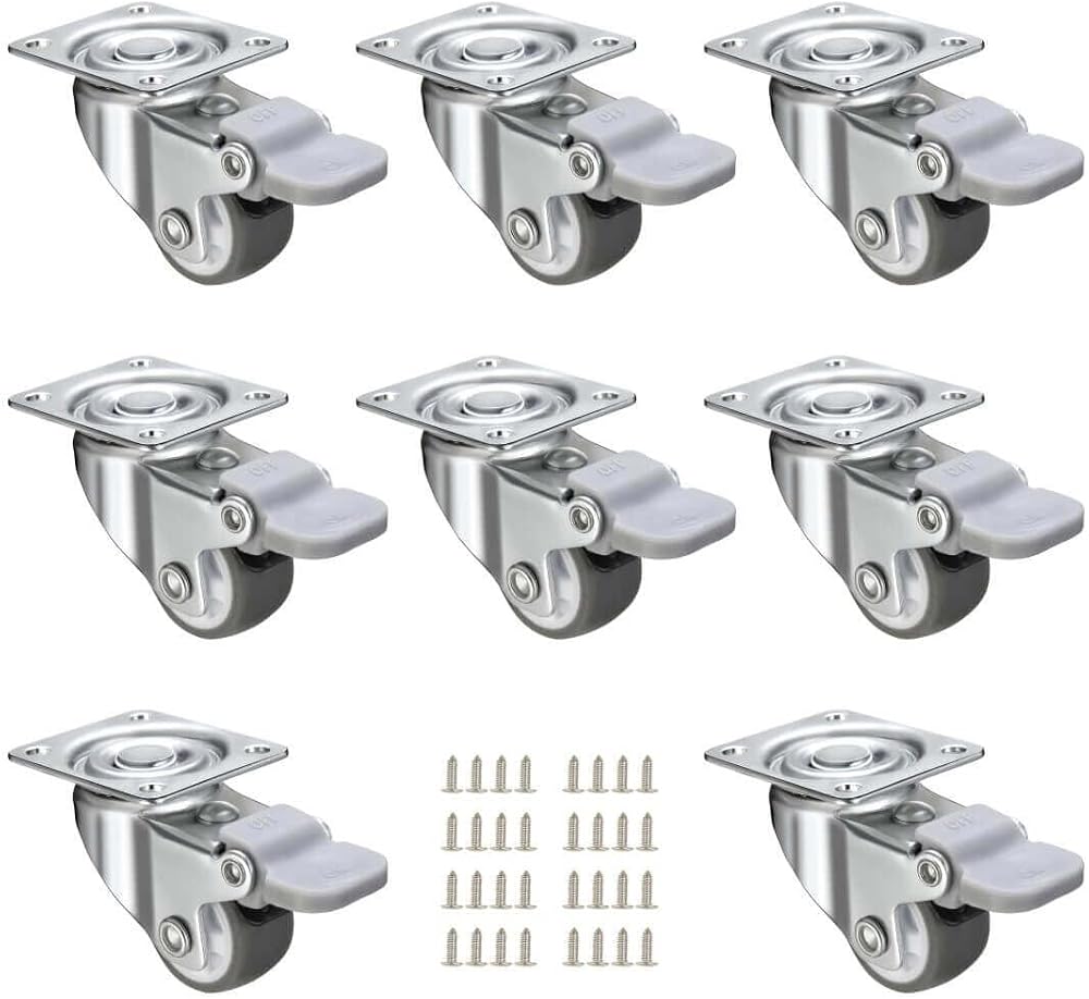 JGJC 8 Pack 1" Low Profile Soft Rubber Swivel Caster Wheels with Brakes 100lb