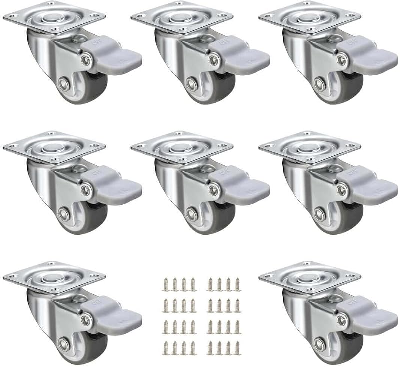 JGJC 8 Pack 1" Low Profile Soft Rubber Swivel Caster Wheels with Brakes 100lb