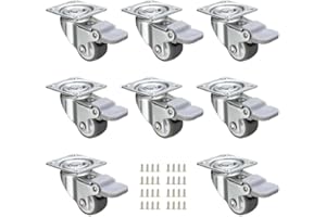 JGJC 1" Low Profile Casters 8 Pack, Soft Rubber Swivel Caster Wheels with Brake, Small Locking Castor Wheels for Furniture, Mini Casters with 360 Degree Top Plate