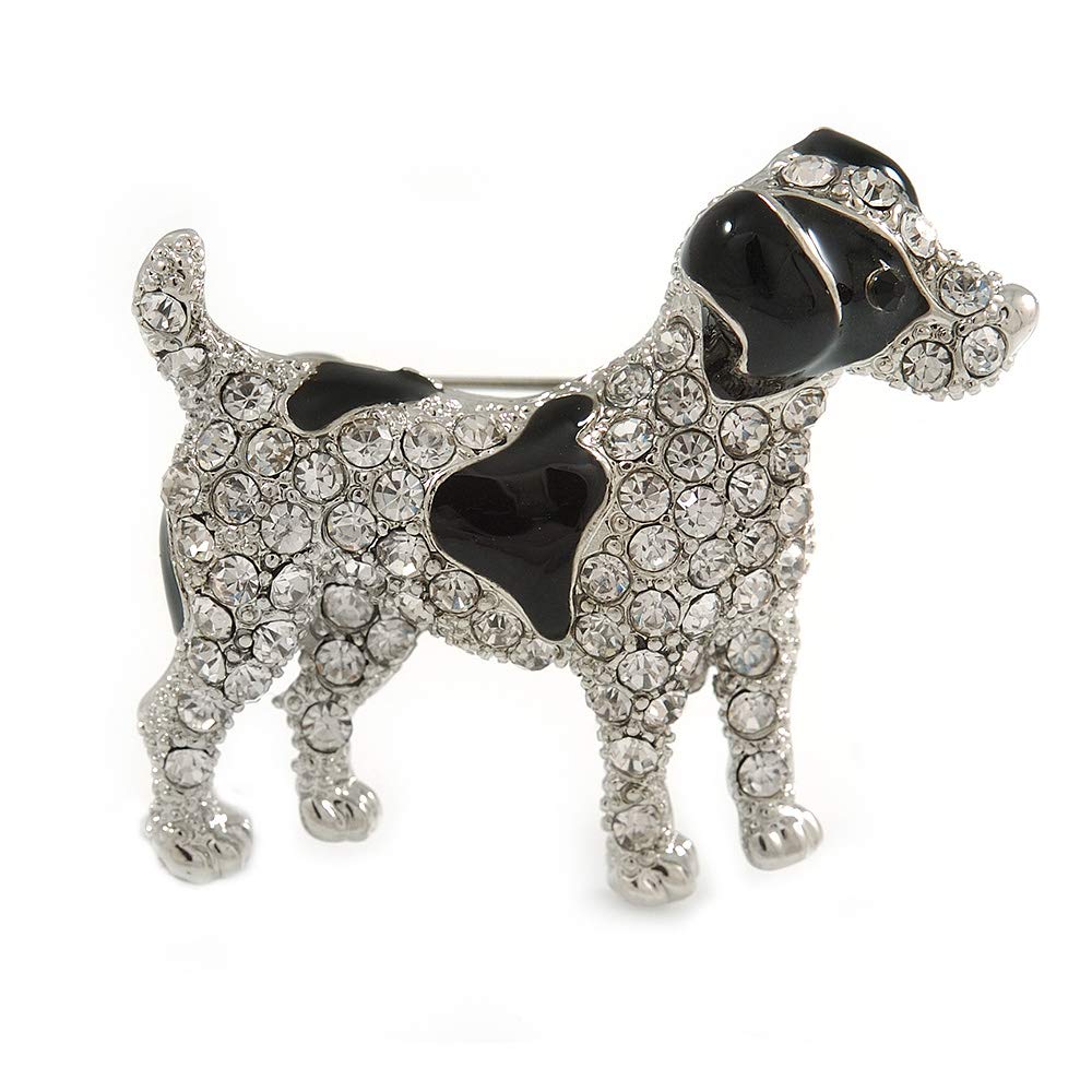 Clear Crystal with Black Enamel Spots Jack Russell Terrier Dog Brooch In Silver Tone Metal - 40mm Across