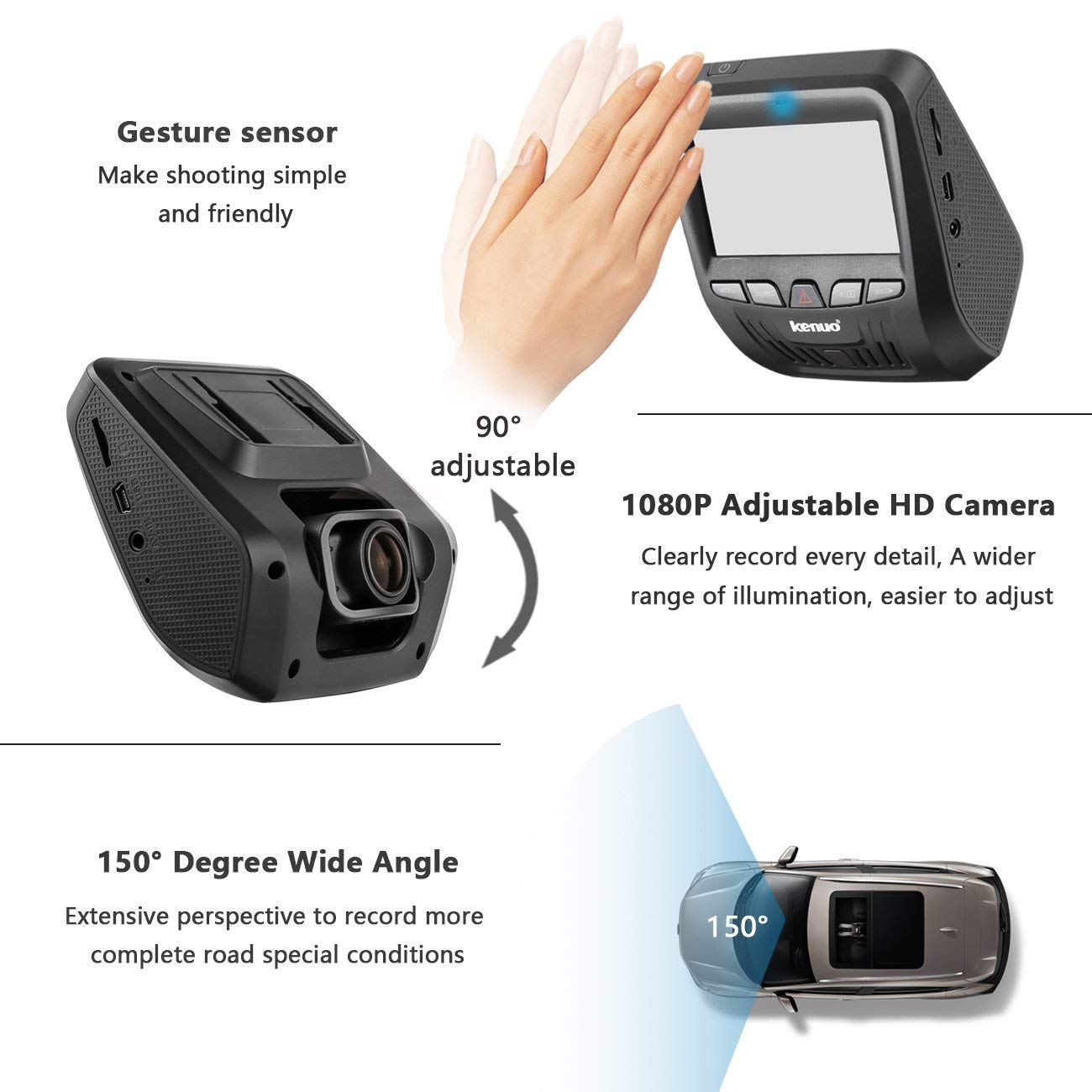 Car Dash Cam, Kenuo 3.0\'\' LCD Screen 1080P Full HD Car Recorder with SONY IMX323 CMOS Image Sensor, Night Vision, G-Sensor, 150° Wide Angle, WDR, Loop Recording, Motion Detection, and Parking Monitor