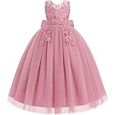 IDOPIP Flower Girl Lace Dress for Kids Wedding Bridesmaid Pageant Party Formal Long Gown Princess Communion Tulle Bow Dresses