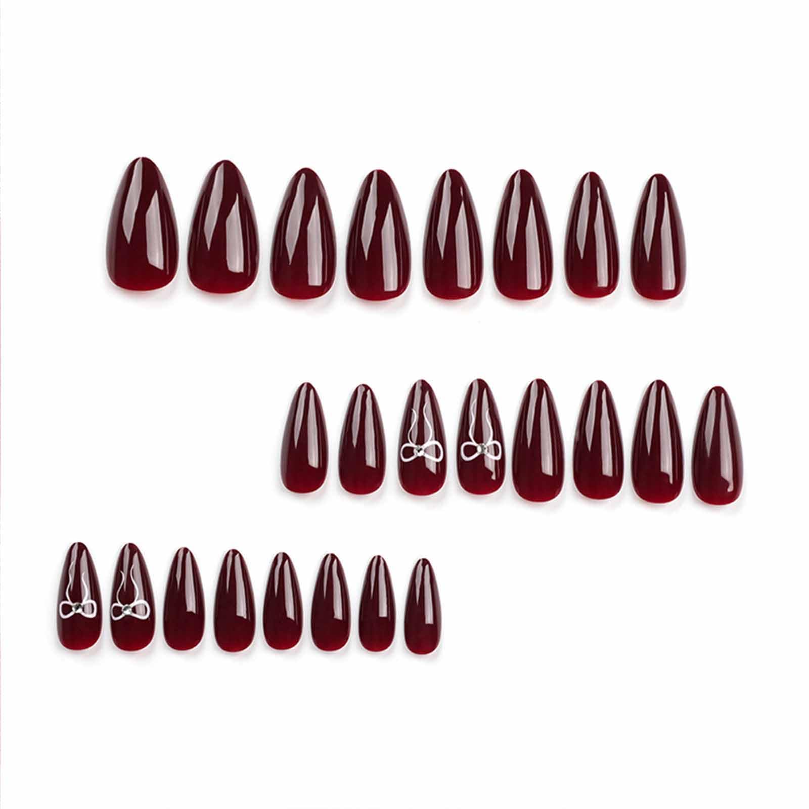 IMSOHOT Valentine's Day Press on Nails Almond Medium Wine Red Fake Nails Cute Bow with Rhinestones Acrylic Full Cover Glue on Nails Glossy False Nails Kits for Women Red Gel Natural Nails 24 Pcs - Image 3