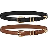 Belle Poque 2 Pack Women Skinny Leather Belts Fashion Ladies Thin Waist Belt with Gold Buckle for Jeans Pants Dresses