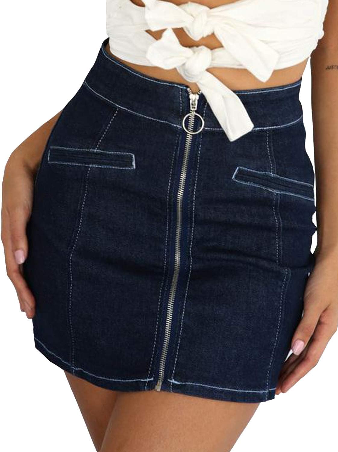 Women's High Waisted Jean Skirt Slim Fit Zip Front Elastic Bodycon Denim Mini Skirt