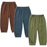 Kids Tales 3 Pack Boys Girls Cotton Linen Pants Child Basic Plain Solid Trousers Big Kids Elastic Waist Long Pants Bloomers