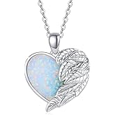 CUOKA MIRACLE Heart Necklace Angel Wing Heart Opal 925 Sterling Silver Women Pendant Guardian Angel Wings Pendant Necklace Dainty Opal Jewelry Birthday Gifts for Mom Women