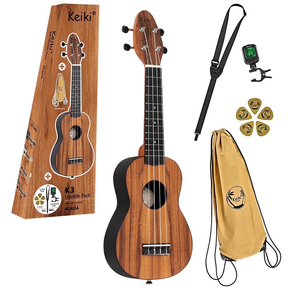 Ortega Guitars Soprano Ukulele Acoustic – Keiki K3 Series – Including Accessories – Acacia, ABS, Natural (K3-ACA)
