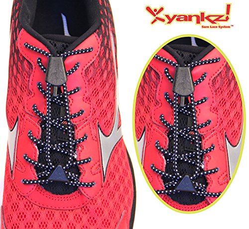 Yankz! SureLace No Tie Elastic Shoelace System with 2 Lock Adjustment, Reflective Black Laces with Black Locks - Locking Lace Replacement for Kids, Adults, and Senior Walking and Running Shoes