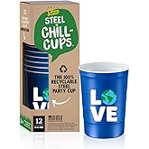 Steel Chill Cups 16 oz. Party Cup Earth Day 'Love' Planet Recycle Design for Cold Drinks, Durable, Disposable, Recyclable, Made in USA, Blue 12 Count