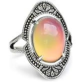 FUN JEWELS Vintage Style Antique Silver Plating Brass Oval Stone Color Change Mood Ring Size Adjustable For Women