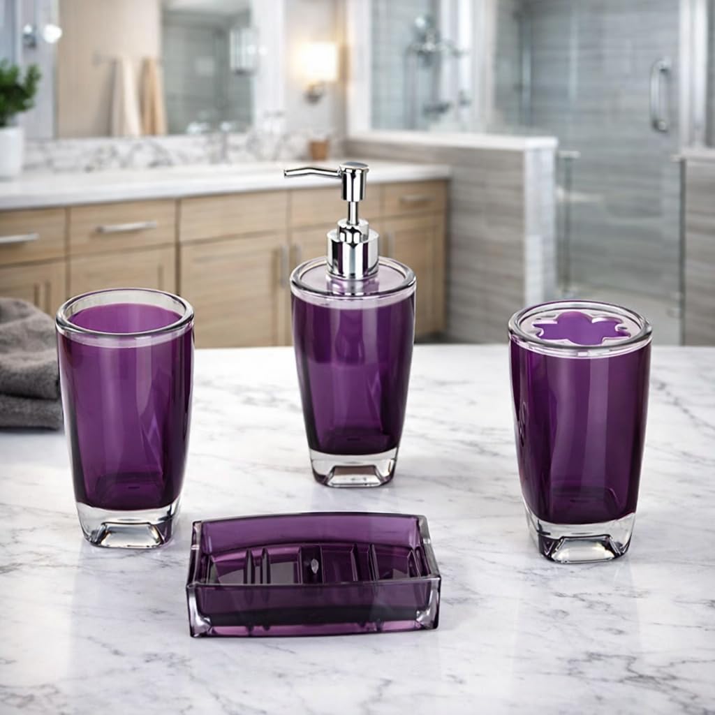 Fingey Modern Design 4 Piece Bathroom Accessory Set, Soap Dish, Tooth Brush Holder, Soap Dispenser, Rinse Cup (Purple)