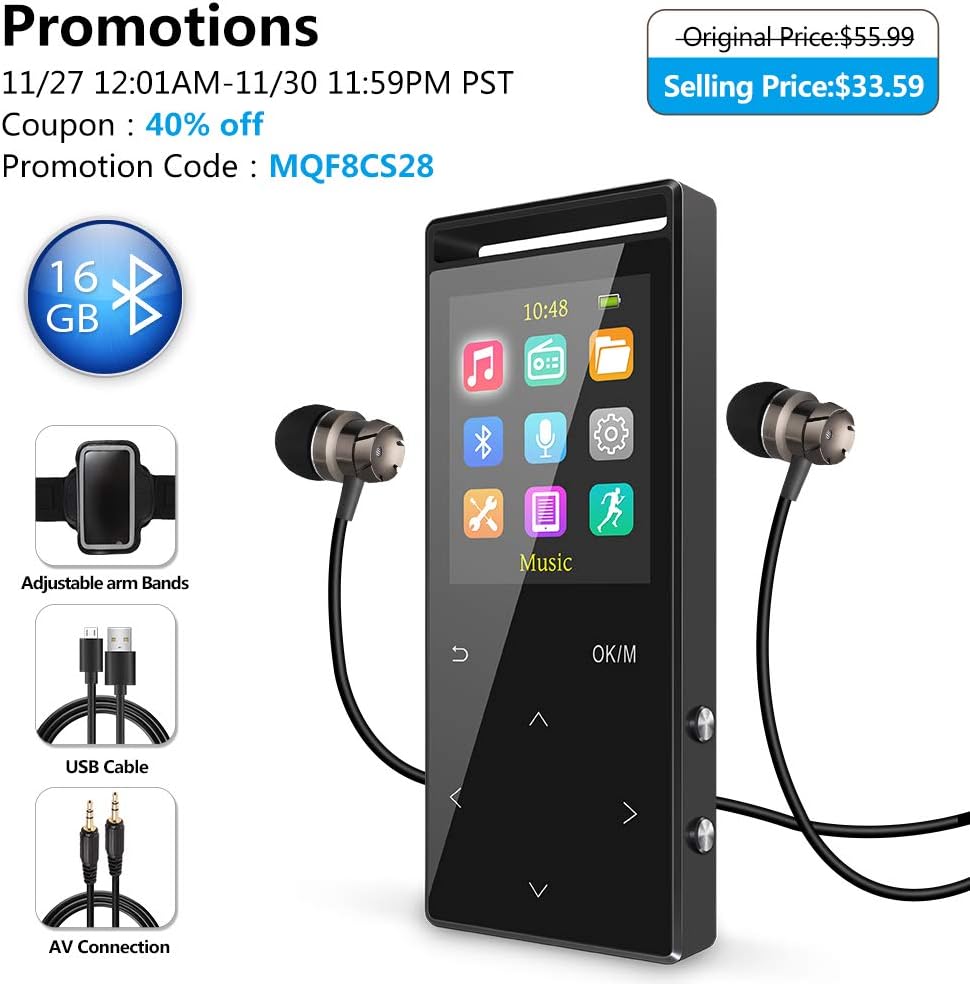 MP3 Player with Bluetooth, Grtdhx 8GB Portable Digital Music Player Support FM Radio Photo Browsing Video Play Pedometer Voice Recorder Text Reading with Earphone Armband for Sport Running