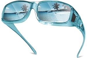 Each Cool Fit-Over Polarized Sunglasses, UV400 TAC, Blue Mirror Lenses, Transparent Blue Frame, with Microfiber Pouch & Clean