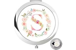 boutikpro Personalized Gift Initial Compact Mirror w Box for Women Sister Daughter Mom Wife, Floral Monogram Alphabet Silver Small Mirror Ideal Gift on Birthday, Christmas, Graduation (S, Silver)