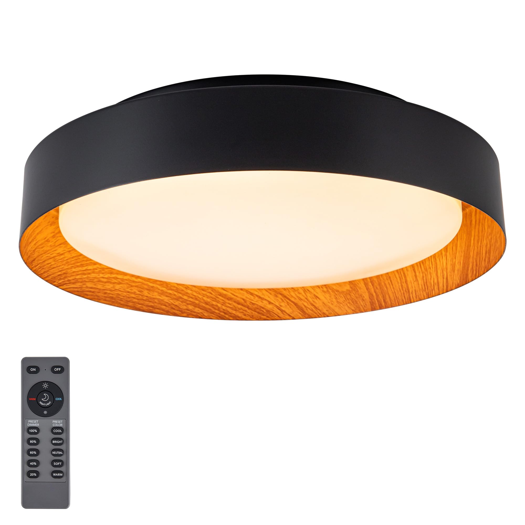 Photo 1 of 12 Inch LED Flush Mount Ceiling Light with Remote, 18W Flush Mount Light Fixture in Balck and Wood Finish, Dimmable Ceiling Light for Bedroom, Hallway, Entryway, Bathroom, Kitchen