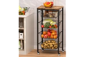 Tigerden Fruit Vegetable Storage Cart for Kitchen, 5-Tier Vegetable Stand Rack with Pull-Out Fruit Baskets, Rolling Snack Cart with Wood Top & Banana Holder for Pantry, Living Room, Bathroom, Black