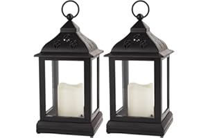 Bright Zeal 2-Pack 9.5" Vintage Decorative Candle Lantern with LED Flickering Flameless Candle (Black, 8hr Timer) - Indoor Hanging Lanterns Decorative Lanterns Battery Powered LED Candle Timer Candle